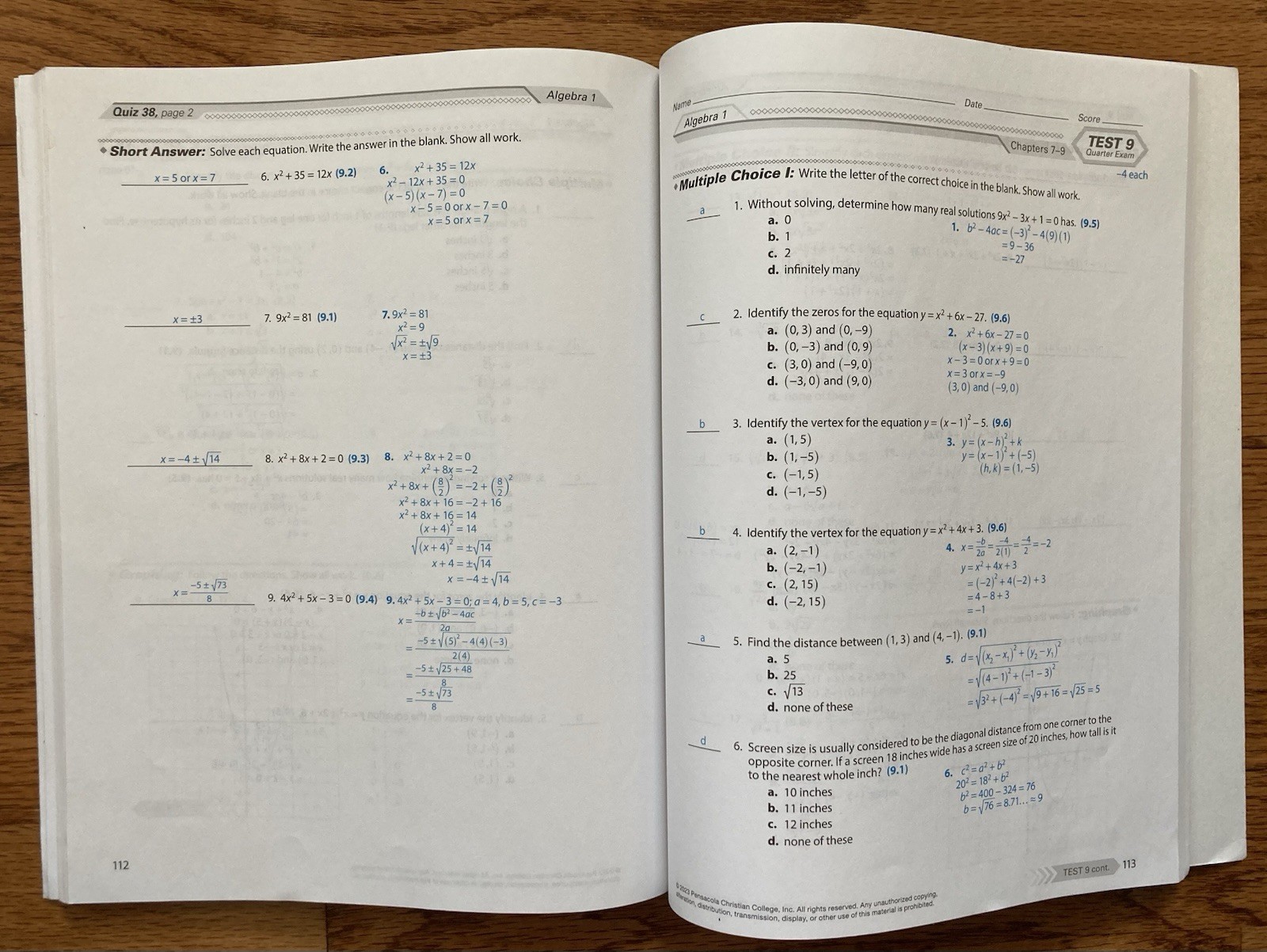 Abeka Algebra 1 Second Edition Quizzes & Tests With Answer Key – Missing Pages