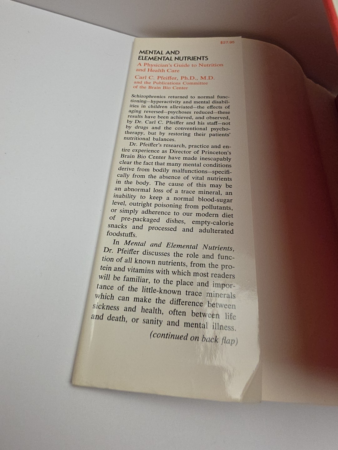 Mental and Elemental Nutrients Carl C Pfeiffer 1st Edition 1975 HC DJ