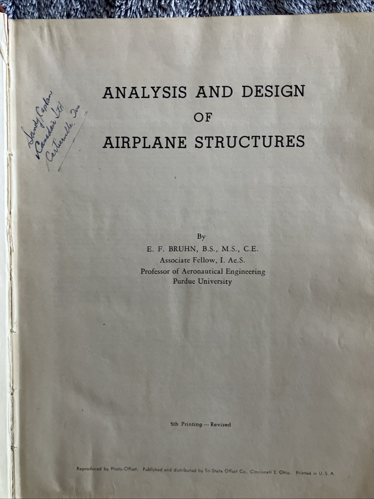 Analysis And Design of Airplane Structures By E.F. Bruhn 1943 Vintage HC