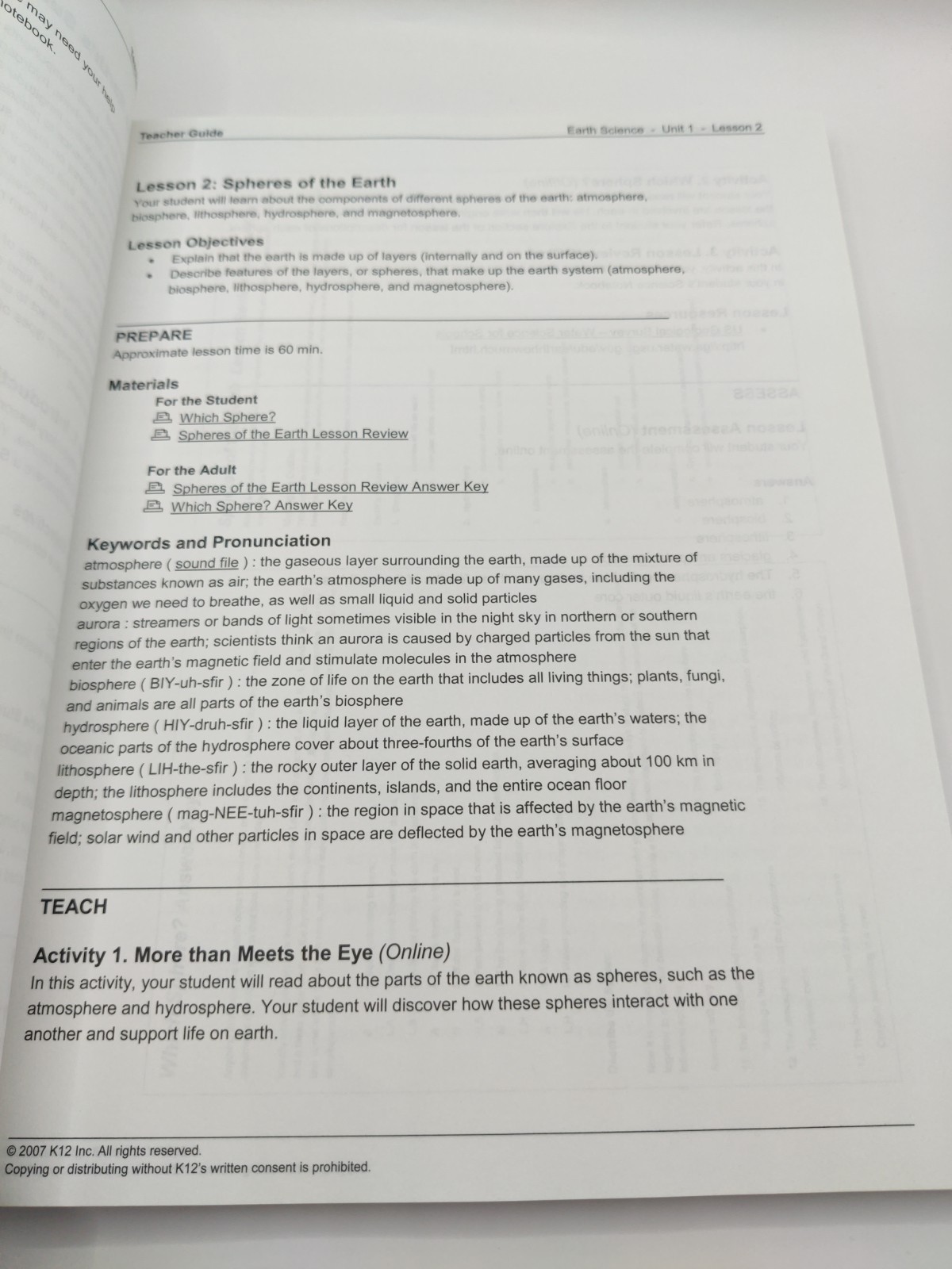 K12 Earth Science Teacher Guide & Student Pages Semester 1 Homeschool Books Lot