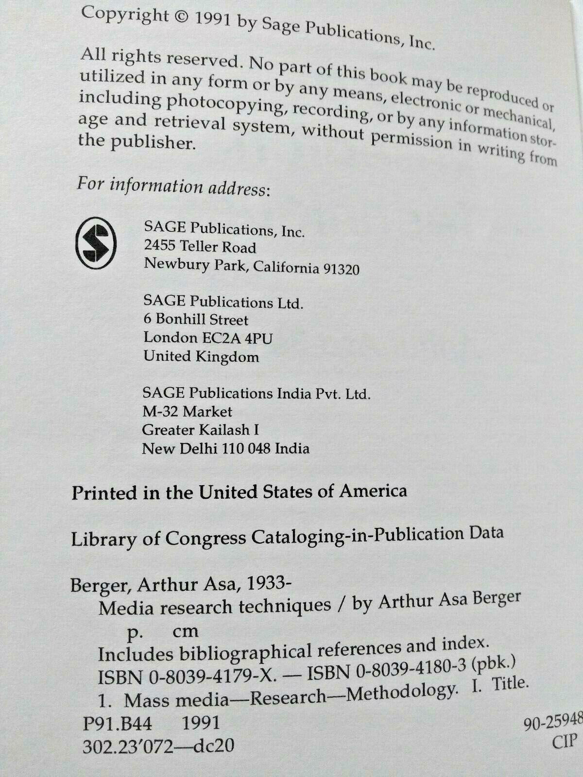 Media Research Techniques Arthur Asa Berger 1991 Sage Media Studies Textbook