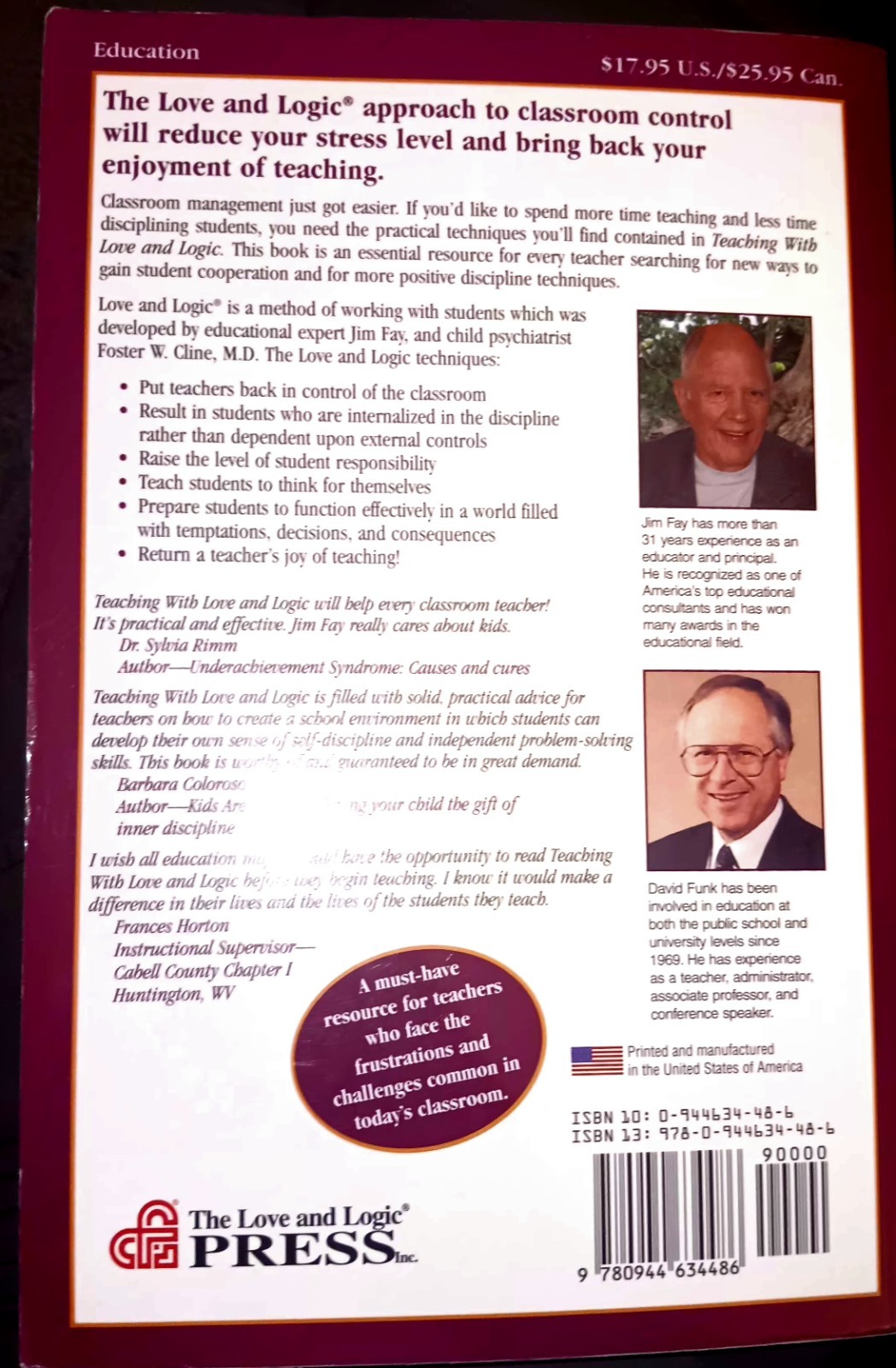 Teaching With Love and Logic Taking Control of the Classroom Jim Fay David Funk