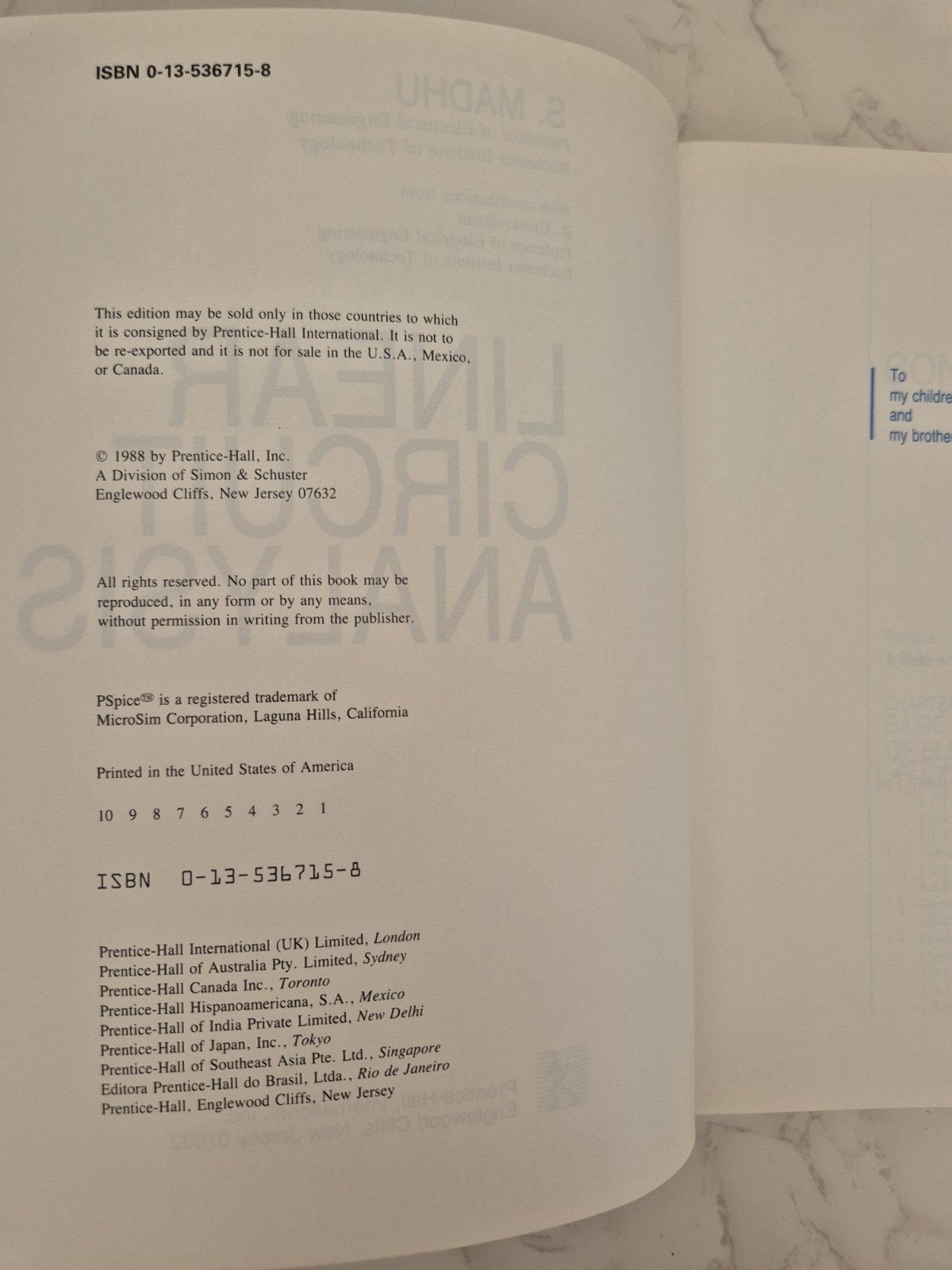 Linear Circuit Analysis By S. Madhu 1988 1st Ed. Prentice-Hall Inc. PB…