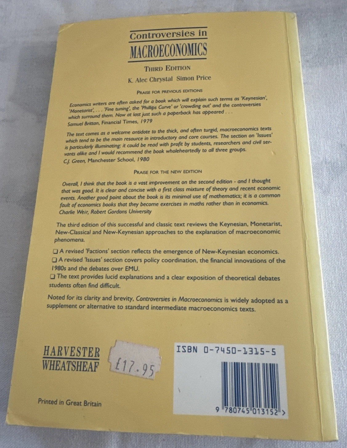 Controversies in Macroeconomics Paperback Book K.Alec Chrystal & Simon Price
