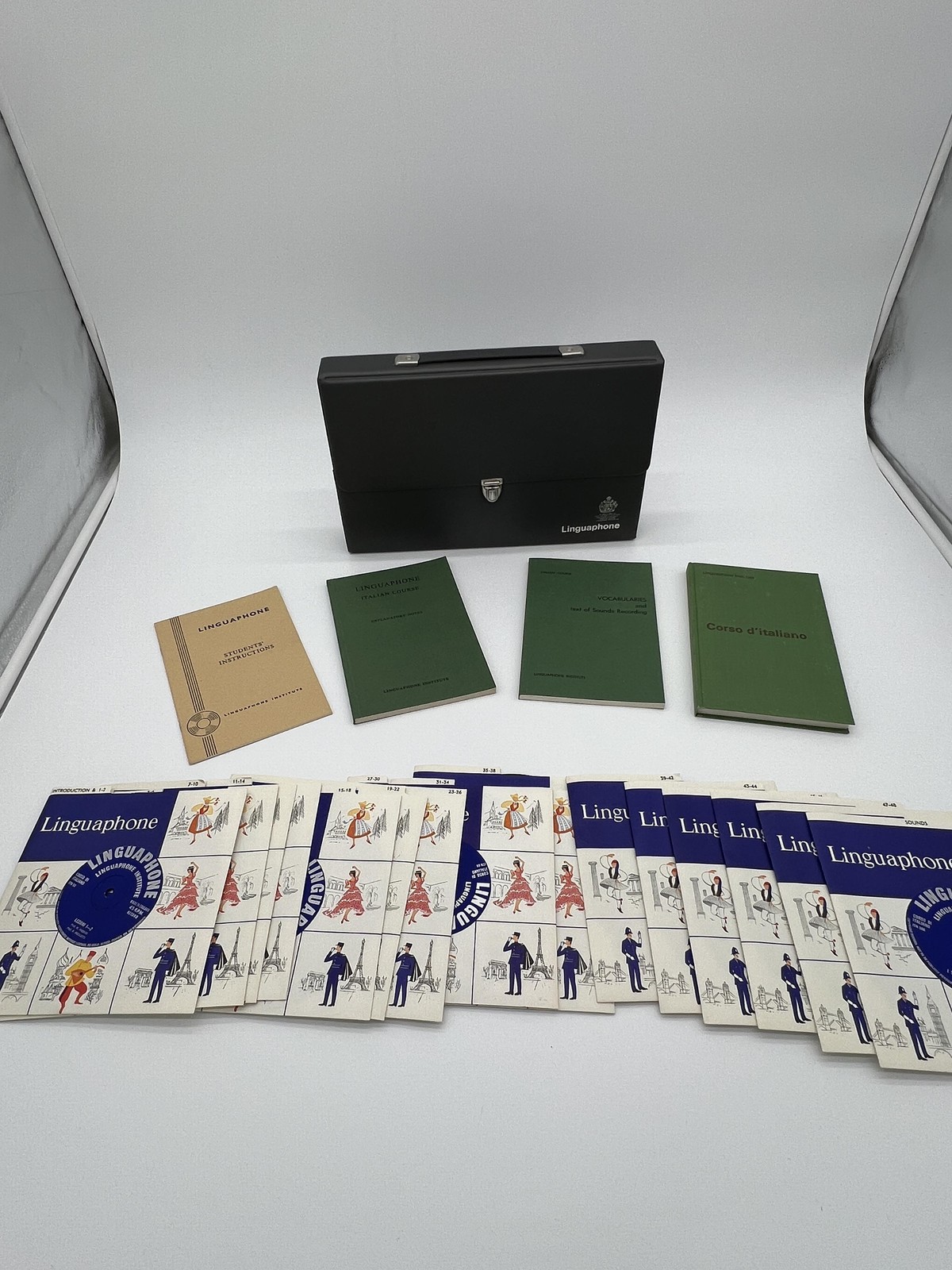 Vintage Linguaphone Italian Course Study Guide Black Case Box Set 45 RPM Records