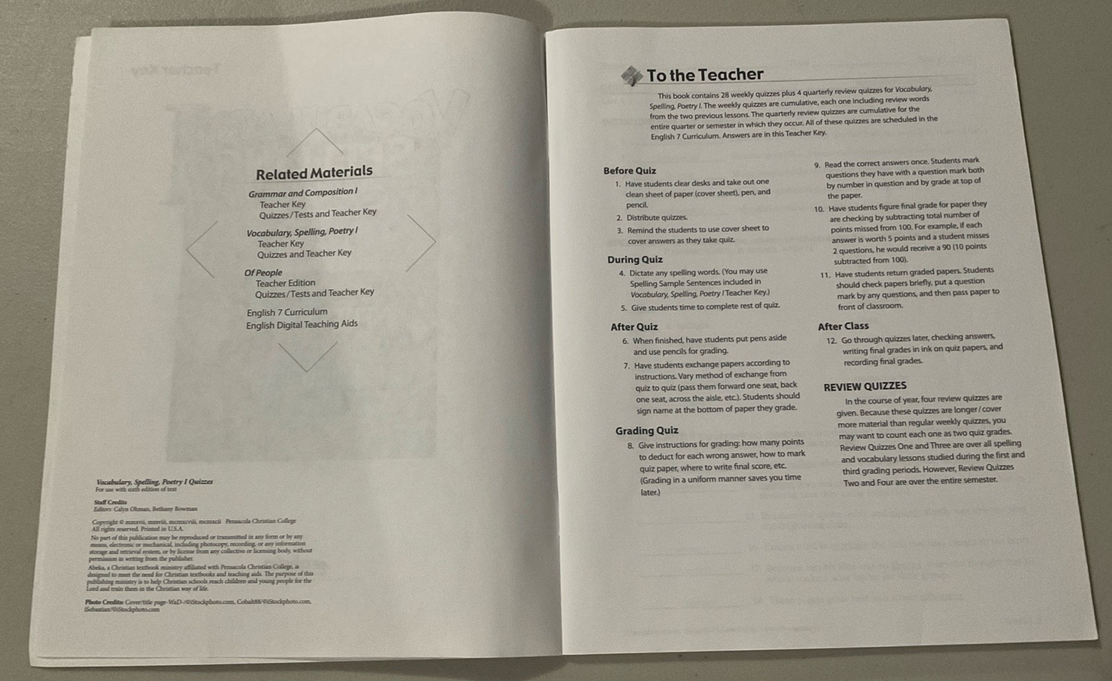 LIGHTLY USED Abeka 7th Grade Vocabulary Spelling And Poetry Set 6th Ed