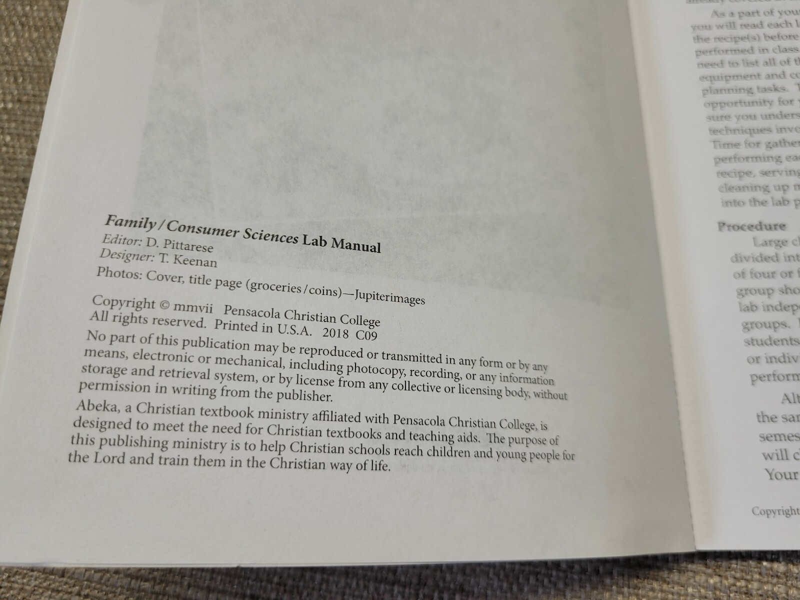 Abeka Family & Consumer Sciences Student Lab Manual Book, Quiz / Test & Key